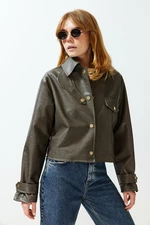 Trendyol Dark Mink Faux Leather Slim Jacket Coat