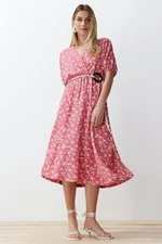 Trendyol Pink Printed Accessory Belt Detailed Gathered Elastic Knitted Maxi Dress