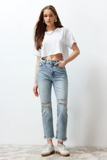 Trendyol Blue Ripped Detail High Waist Straight Jeans