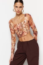 Trendyol Premium Orange Back Transparent Printed Lined Crop Tulle Stretchy Knitted Blouse