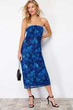 Trendyol Navy Blue Printed Tulle Lined Strapless Midi Knitted Dress