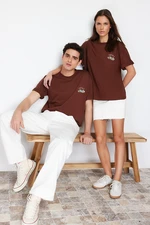 Trendyol Brown Oversize Mushroom Embroidered 100% Cotton T-Shirt