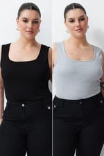 Trendyol Curve 2-Pack Black-Grey Basic Ribbed Knitted Square Neck Undershirt