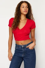 Trendyol Red Fitted/Situated Double Breasted Neck Crop Viscose Stretch Knit Blouse