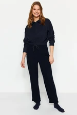 Trendyol Navy Blue Soft Feel Velvet Lace Detail Knitted Pajama Bottoms