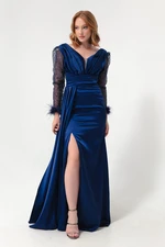 Lafaba Women's Navy Blue V Neck Sleeves Stoned Slit Long Evening Dress