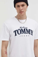 Bavlněné tričko Tommy Jeans bílá barva, s potiskem, DM0DM18274