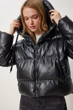 Happiness İstanbul Women's Black Hooded Faux Leather Coat