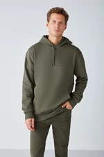 GRIMELANGE Epic Men's Soft Fabric Hooded Drawstring Regular Fit Embroidered Khaki Sweatshirt