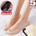 5 Pairs Spring Summer Thin Sock Slippers Silicone Antiskid Ice Silk Ankle Socks Seamless Invisible Women Solid Korean Boat Socks