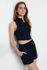 Trendyol Navy Blue Zipper Detail, Crop-textured Knitted Top and Bottom Set