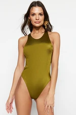 Trendyol Khaki Round Neck Low-Cut Back High Leg Swimsuit