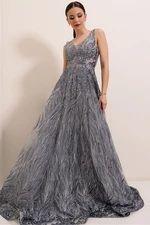 By Saygı Glittery Ghost and Tulle Princess Evening Dress in Silver