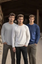 Trendyol Indigo-Stone-Ecru Men's Regular/Normal Cut Crew Neck Long Sleeve 3-Piece Basic Package T-Shirt