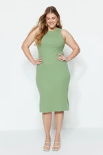 Trendyol Curve Light Khaki Ribbed Crew Neck Slit Knitted Dress