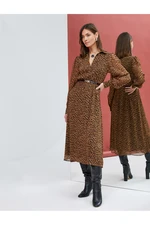 Koton Leopard Pattern Dress Chiffon Long Sleeved Shirt Collar With Belt