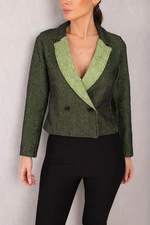 armonika Women's Pistachio Green Double Breasted Collar Two Color Stitched Crop Jacket