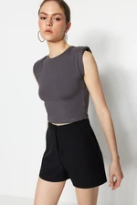 Trendyol Anthracite Padded Fitted Crew Neck Crop Stretchy Knitted Blouse