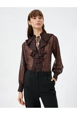 Koton Floral Chiffon Shirt with Frilled Collar Tie Detail Long Sleeves