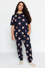 Trendyol Curve Navy Blue Teddy Bear Patterned Knitted Pajama Set