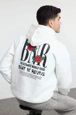 Trendyol Ecru Oversize/Wide Cut Text Print Floral Embroidered Hooded Fleece Inside Sweatshirt