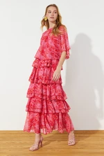 Trendyol Chiffon Woven Evening Dress with Tiered Pink Floral Skirt