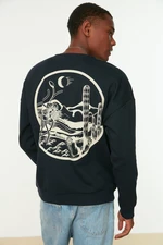 Trendyol Navy Blue Oversize/Wide Cut Back Printed Inside Polar Fleece/Warm Cotton Sweatshirt