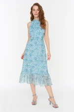 Trendyol Blue Midi Lined Woven High Neck Printed Woven Dress