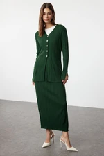 Trendyol Emerald Green Ribbed Knitted Sweater Cardigan Skirt Top-Bottom Set