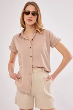 armonika Women's Beige Short Sleeve Linen Shirt