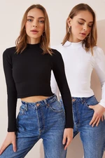 Happiness İstanbul Women's Black and White 2 Pack Ribbed Turtleneck Crop Knitted Blouse