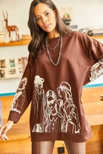 Olalook Women's Bitter Brown Figured Oversize Sweatshirt