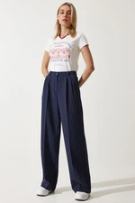 Happiness İstanbul Women's Navy Blue Thin Striped Masculine Palazzo Pants