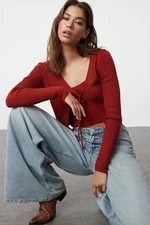 Trendyol Tile Crop Tie Detailed Blouse-Cardigan Knitwear Suit