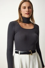 Happiness İstanbul Women's Anthracite Cut Out Detailed Turtleneck Ribbed Knitted Blouse