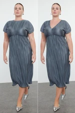 Trendyol Curve Anthracite Reversible Pleated Midi Plus Size Dress