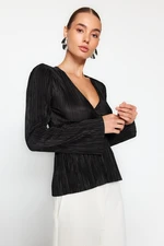 Trendyol Black Pleat Detailed Double Breasted Closure Ruffle V Neck Blouse