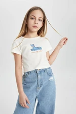 DEFACTO Girls Crew Neck Printed Ribbon Short Sleeve T-Shirt