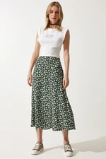 Happiness İstanbul Women's Khaki Black Floral Slit Summer Viscose Skirt