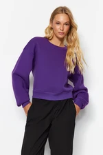 Trendyol Purple Relaxed Cut Crop Basic Crew Neck Thick Fleece Inside Knitted Sweatshirt