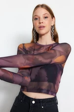 Trendyol Black Printed Tulle Fitted Crop Stretchy Knitted Blouse