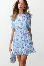 Trendyol Blue Floral Waist Opening Ruffle Mini Woven Dress