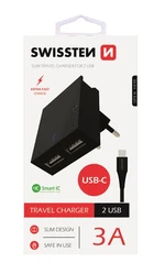 SWISSTEN SÍŤOVÝ ADAPTÉR SMART IC 2x USB 3A POWER + DATOVÝ KABEL USB / TYPE C 1,2 M, ČERNÁ