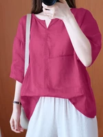 Women 100% Cotton Solid O-Neck Loose Raglan Sleeve Loose Blouse