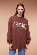 DEFACTO Crew Neck Printed Soft Fuzzy Sweatshirt Tunic