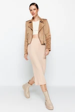 Trendyol Beige Knitted Midi Skirt With Slit Detail and Soft Touch.