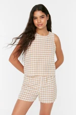 Trendyol Beige Gingham Back Detailed See-through Fabric Woven Pajamas Set