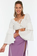 Trendyol Ecru Beach Blouse with Long Sleeves and Tie Detail