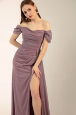 Lafaba Women's Powder Powder Boat Collar Draped Long Glittery Evening Dress with a Slit.