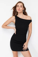 Trendyol Black One Shoulder Mini Striped Stretchy Mini Woven Dress